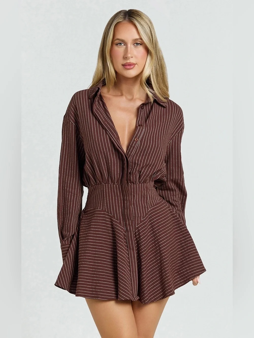 Whitney Mini Dress - Linen Look Long Sleeve Shirt Dress in Chocolate Pinstripe